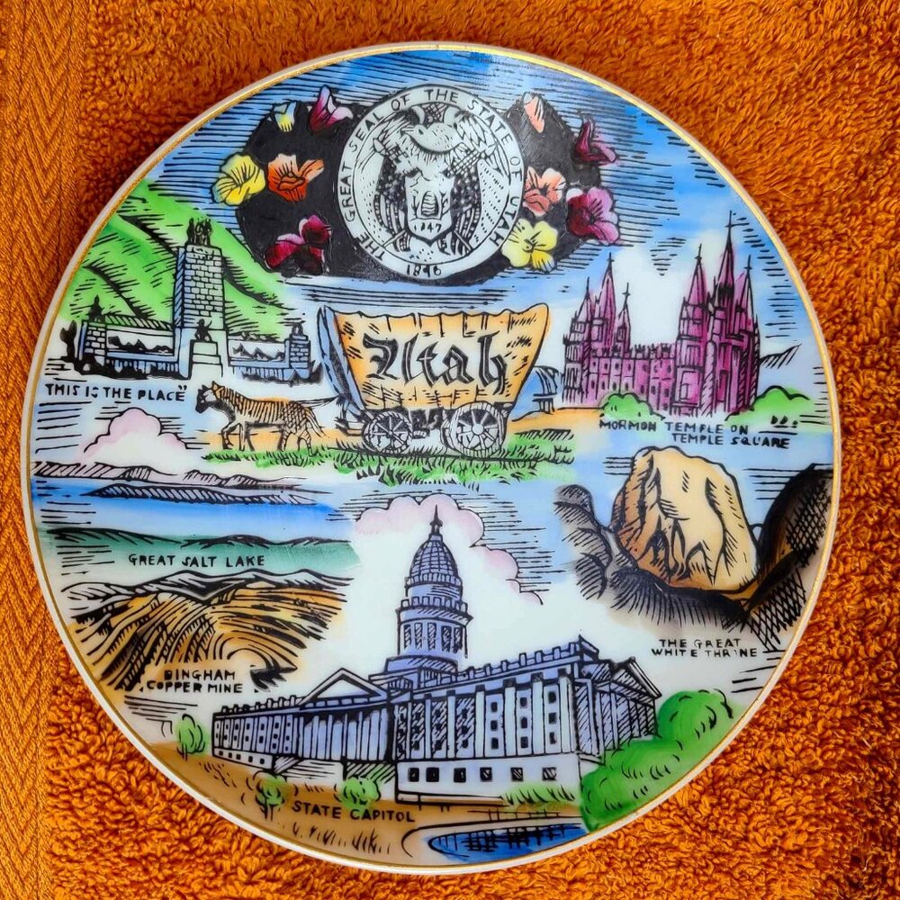 UTAH Vtg Collectible Souvenir Plate Japan 1940s-1950s 6x6" Wales-Mormon Temple